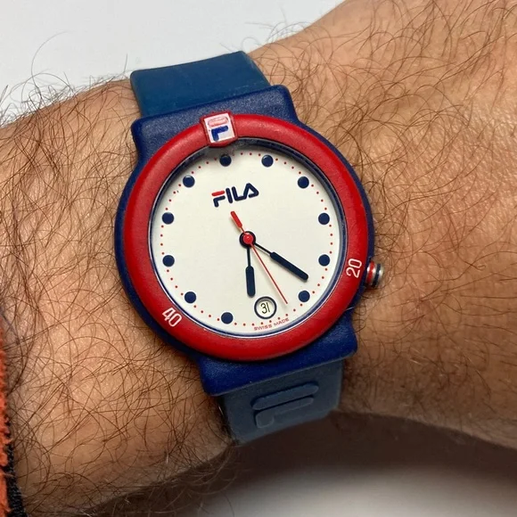 Fila vintage 95M watch, red white blue, new battery, rubber strap, date feature